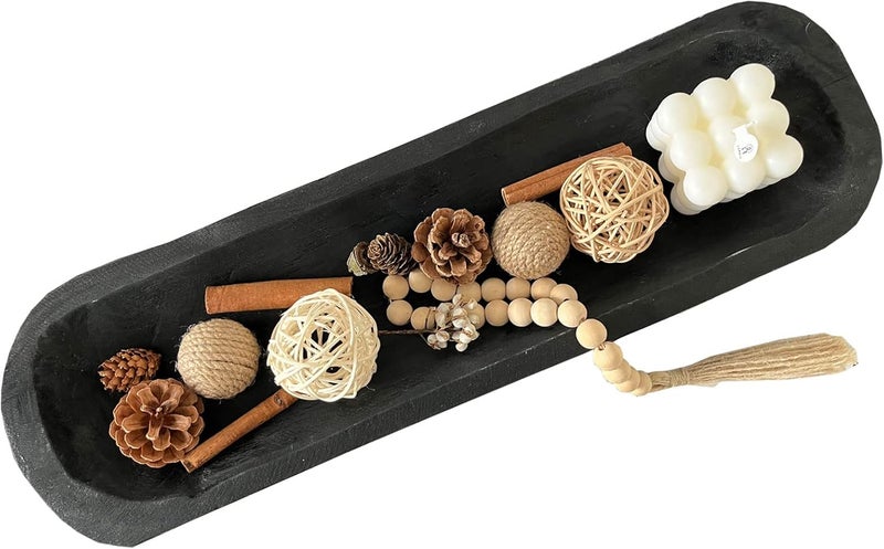 BEDAZE Wooden Dough Bowls Decorative，Rustic Bread Long Bowls Decor Wood Tray, Hand Carved For Table Centerpiece Decor, Home Decor (20 * 6 * 2 inch Black) - Image 1